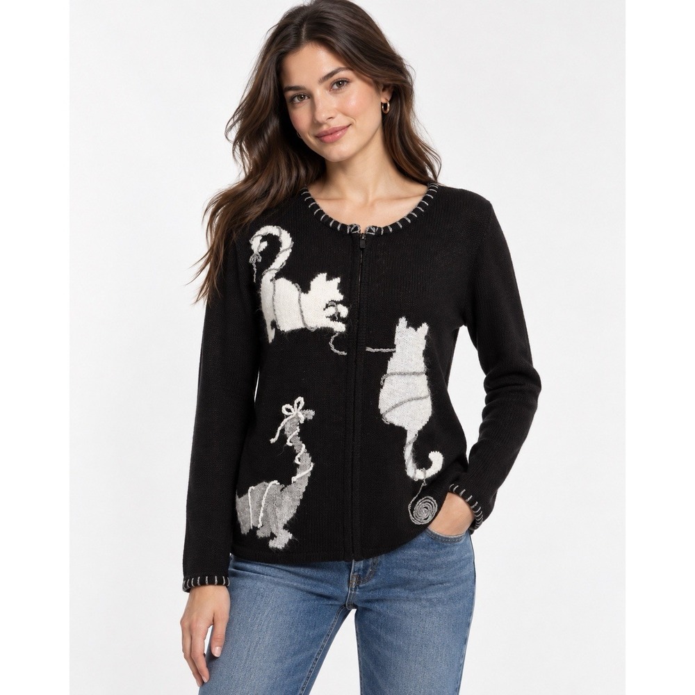 Coldwater Creek XL Black Cat Cardigan Sweater Zip Front Metallic Accents